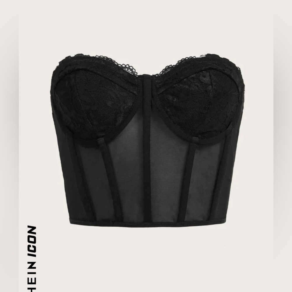 Lace Insert Backless Bustier Crop Mesh Tube Top